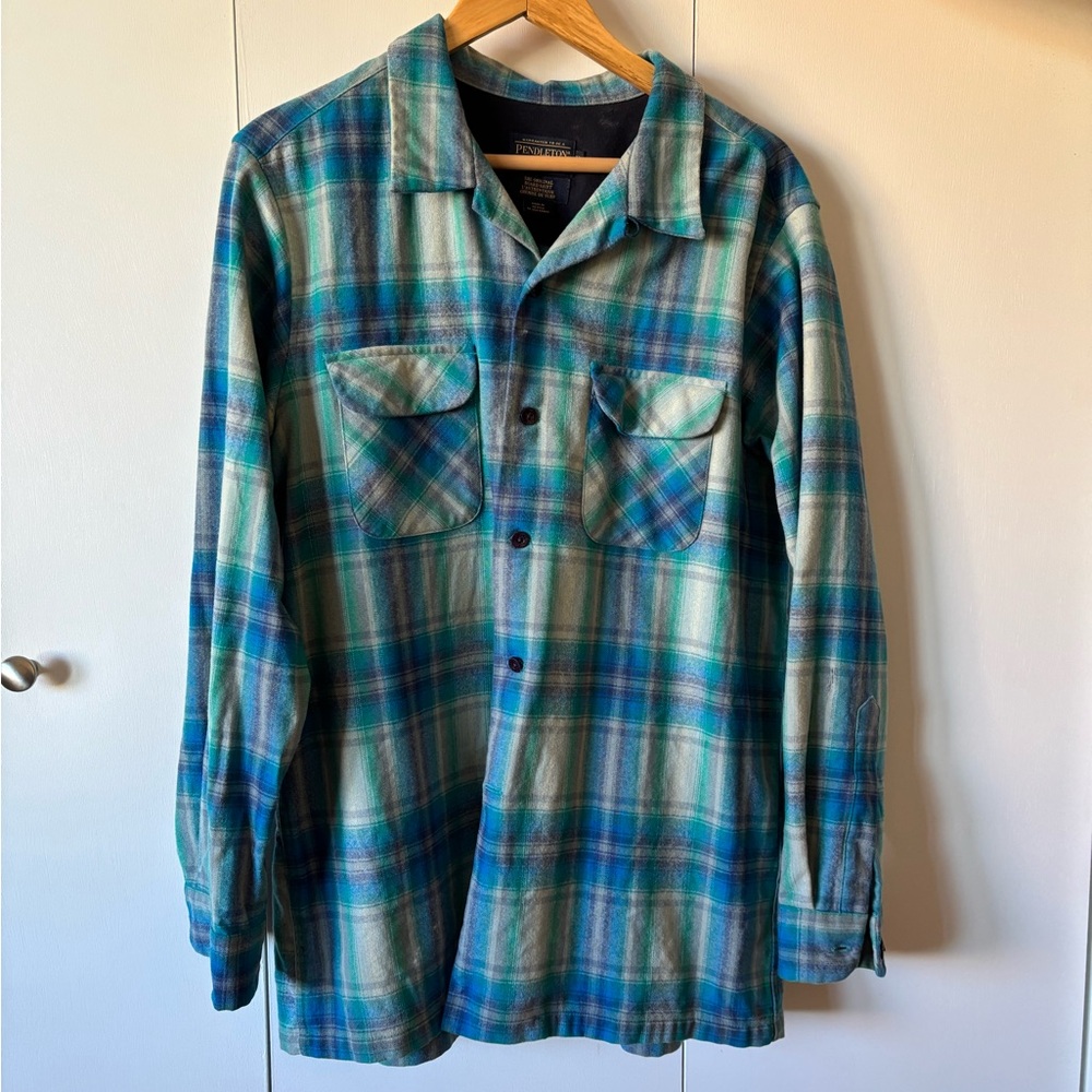Pendleton Wool Blue and Green Plaid Button-Up Shirt
